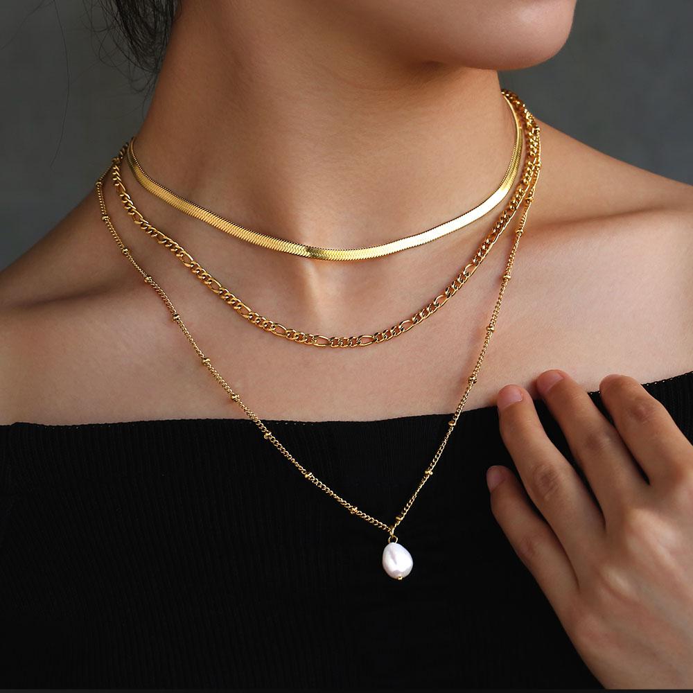 3 in 1 Necklace - Flat franco Figaro Pearl