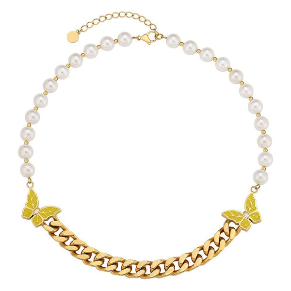 8mm Pearl Cuban Necklace with Double Butterfly