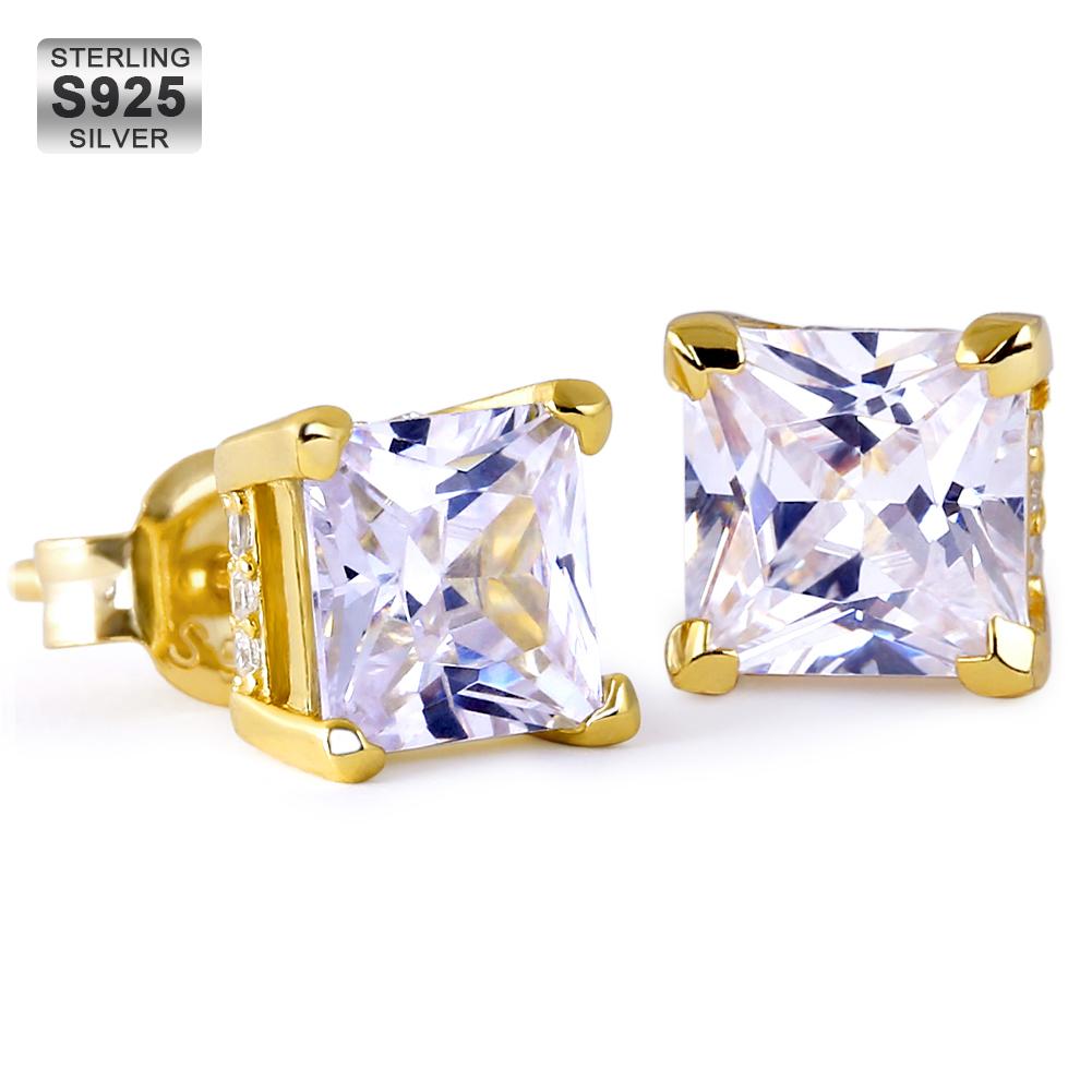 Princess Diamond Cut 925 Silver Stud 14K Gold Design Earrings