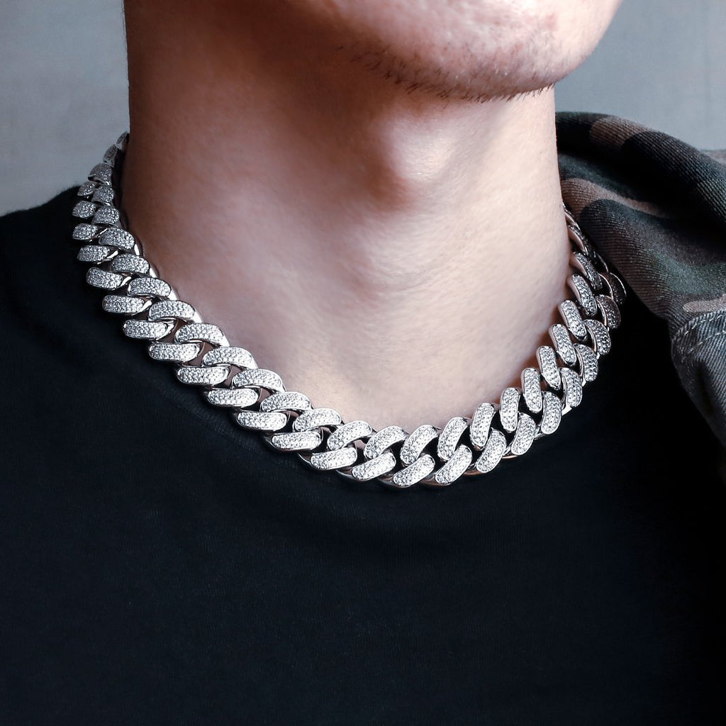 18mm Iced Out Diamond Cuban Link Chain in White Gold – TSF Element