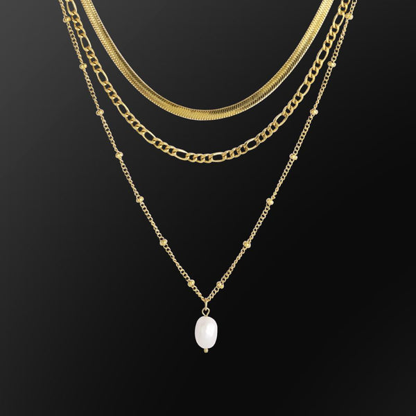 3 in 1 Necklace - Flat franco Figaro Pearl