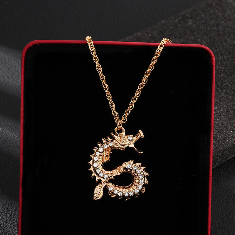 Hip Hop Chinese Dragon Diamond Necklace Gold