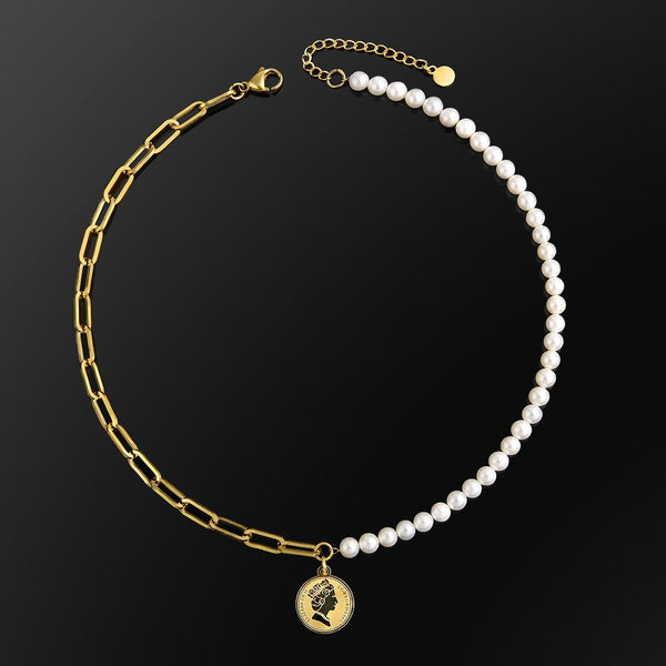 Pearl Necklace and Paper Clip Chain with Coin Pendant