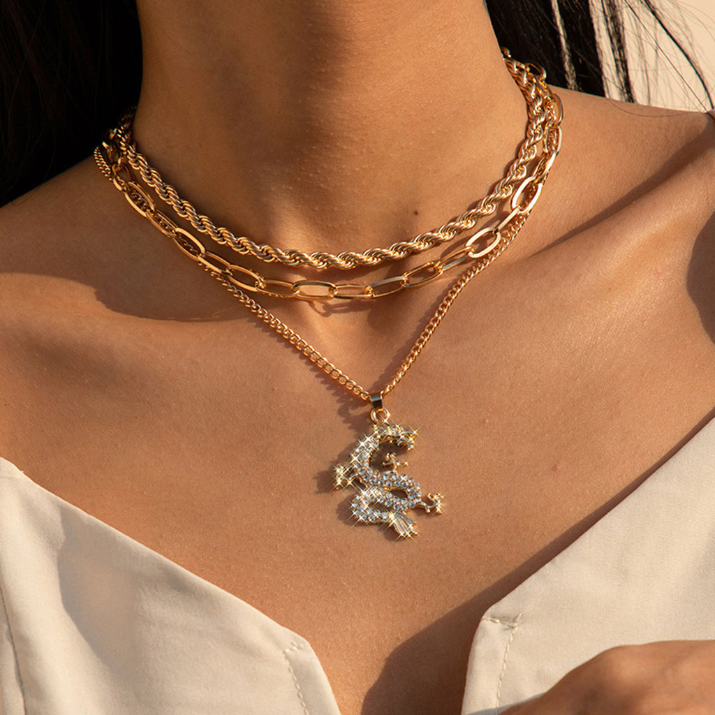 Concise Style Gold Plated Necklace Crystal Dragon Pendant