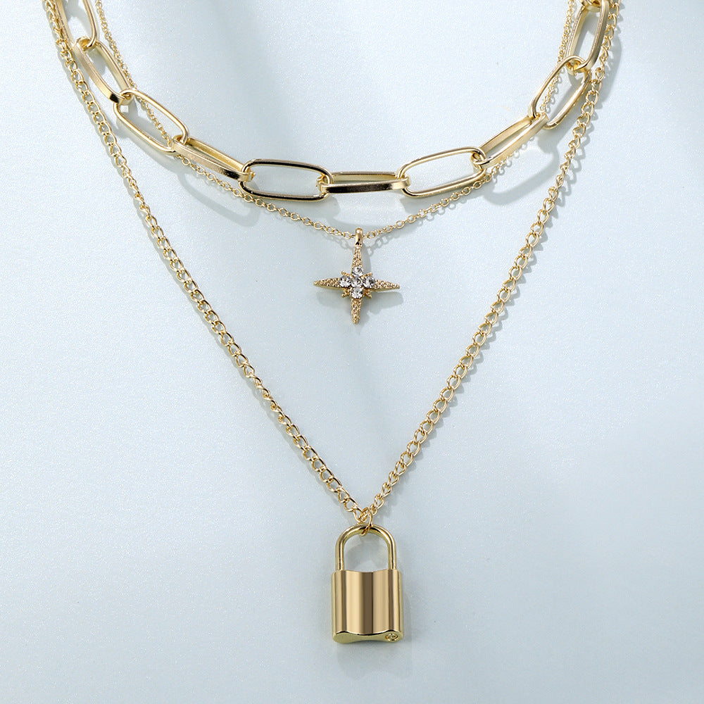 Multi-chain Necklace Padlock Pendant Cuban Diamond