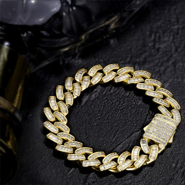 12mm 14K Gold Baguette CZ Cuban Link Bracelet