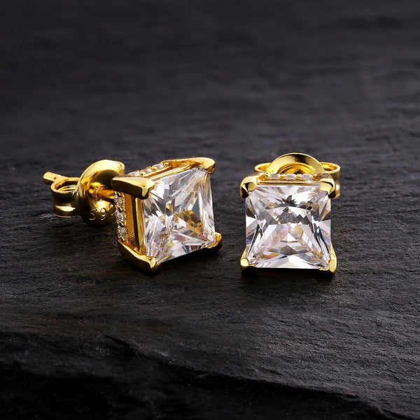 Princess Diamond Cut 925 Silver Stud 14K Gold Design Earrings
